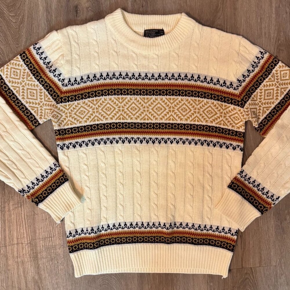 Vintage JCPenney Fair Isle Nordic Ski‎ Sweater Cream Mens Medium 70s 80s